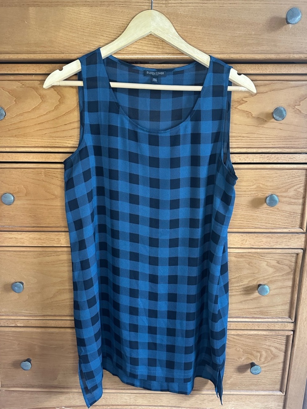 Eileen Fisher Checkered Buffalo Blue Plaid Sleeveless Sheer Tank 100% Silk PL